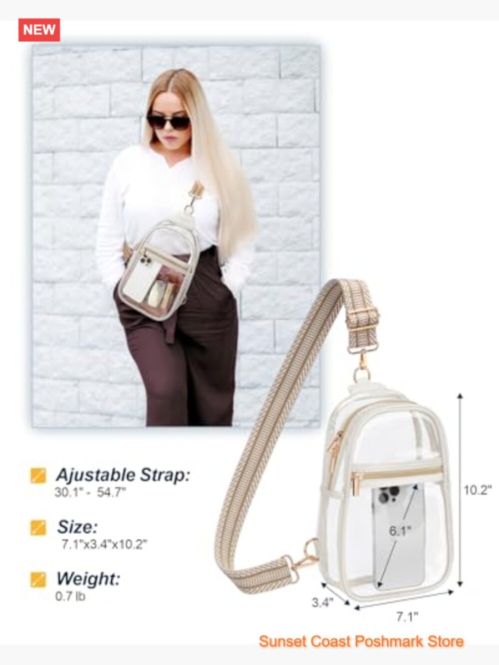 Clear Sling Bag Stadium Approved with Jacquard Strap Crossbody - Picture 2 of 7